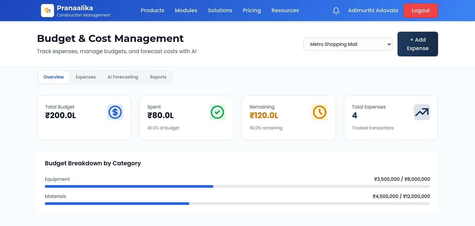 Budget and cost management screen with total budget, spend, remaining budget and breakdown by category