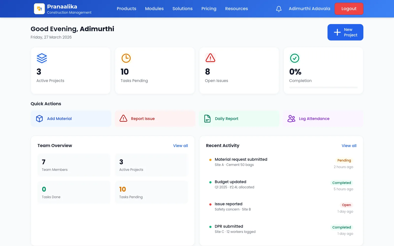 Pranaalika Nirman dashboard with active projects, pending tasks, open issues, quick actions and recent activity