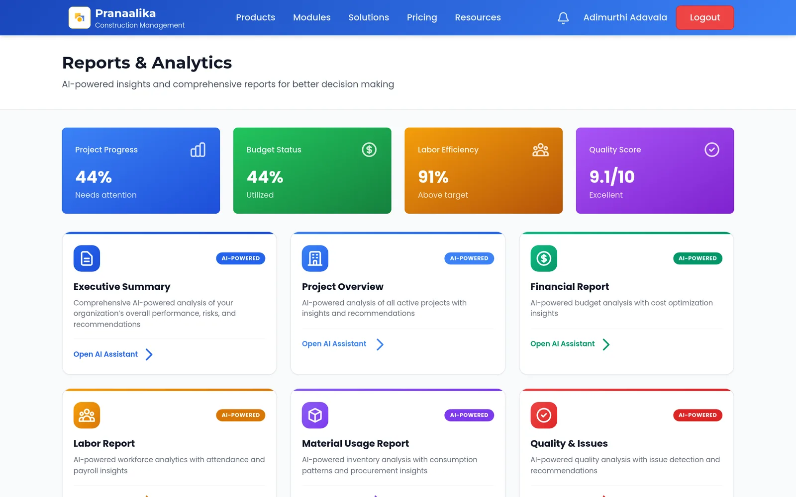 Reports Hub with AI-powered executive summary, project overview, financial, labour, material usage and quality reports